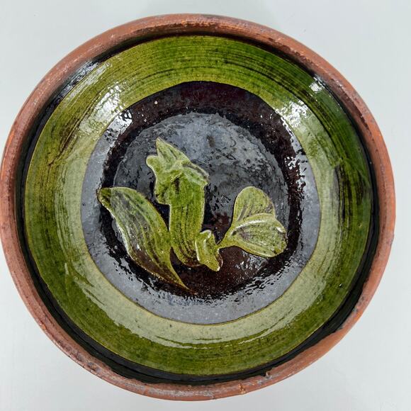 Vintage Patamban Michoacan Green Bowl Redware Pottery Mexico Folk Art - Picture 6 of 6